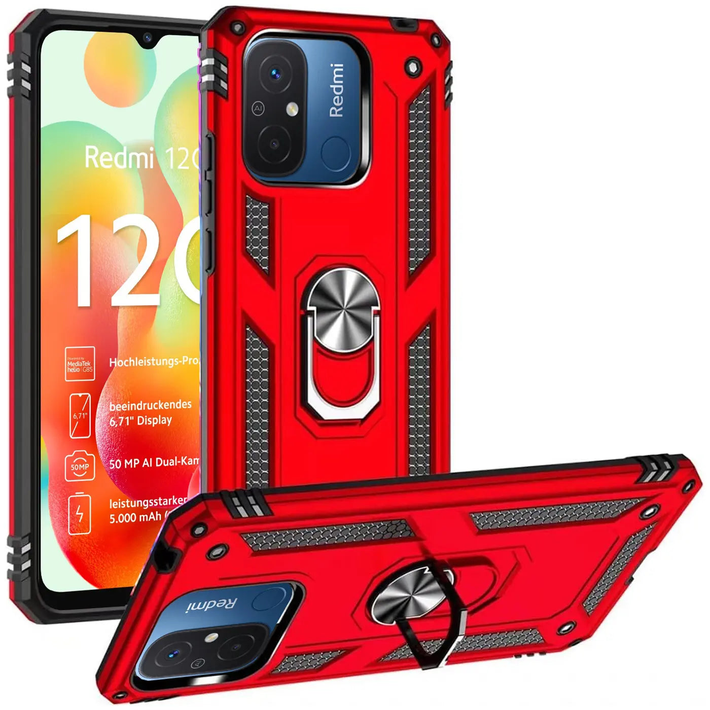 Rote Hülle mit Ringhalter für Xiaomi Redmi 12C, von vorne und unten gezeigt.