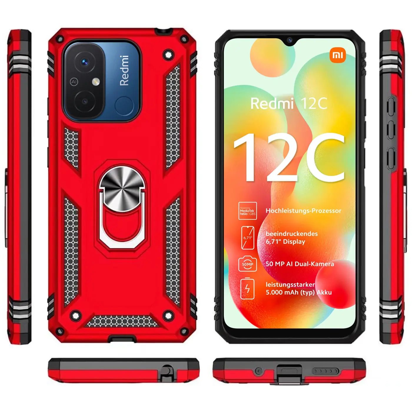 Rote Military Hülle mit Ringhalter für Xiaomi Redmi 12C, Vorder- und Rückansicht