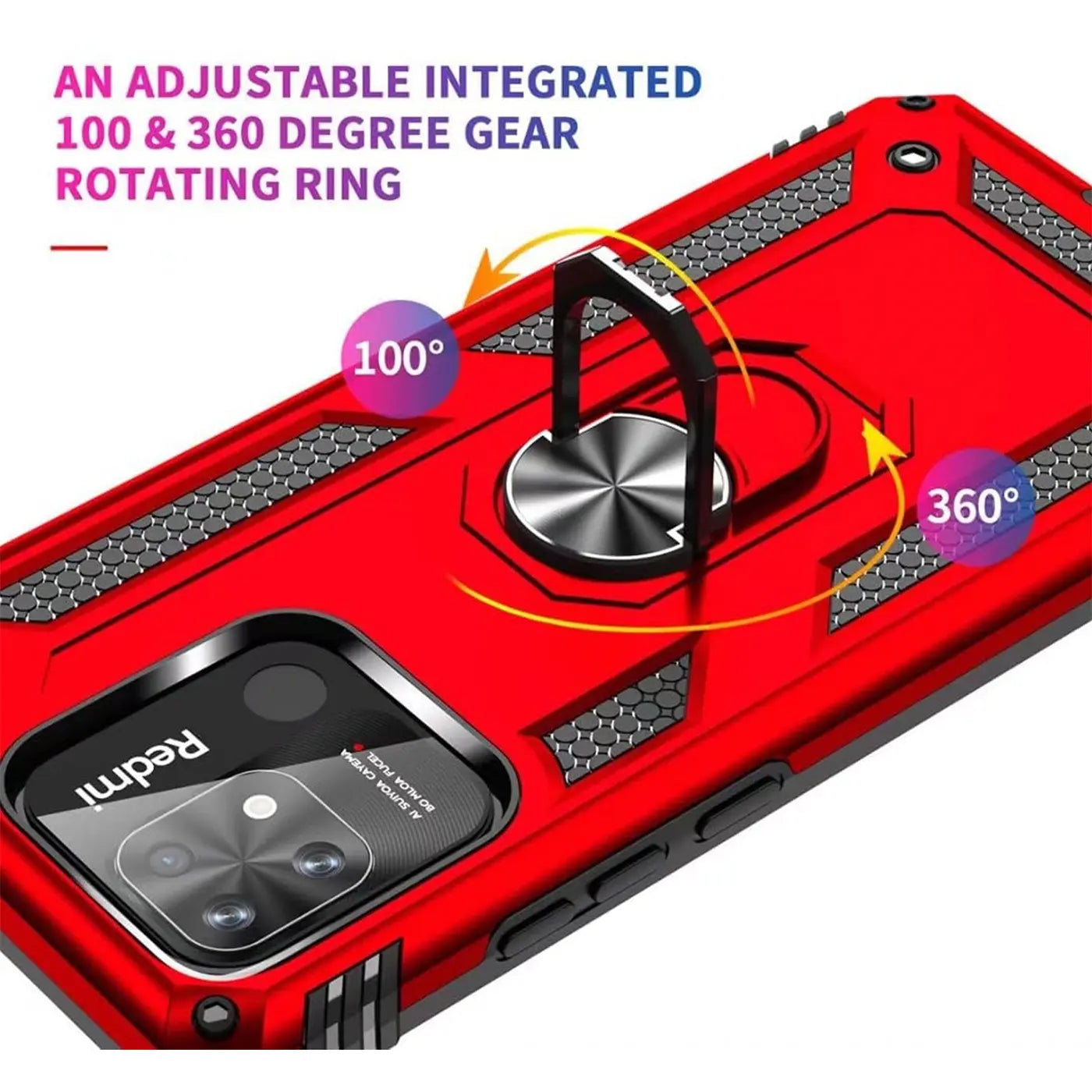 Rote Hülle aus Kunststoff mit Ringhalter für Xiaomi Redmi 12C, Draufsicht.