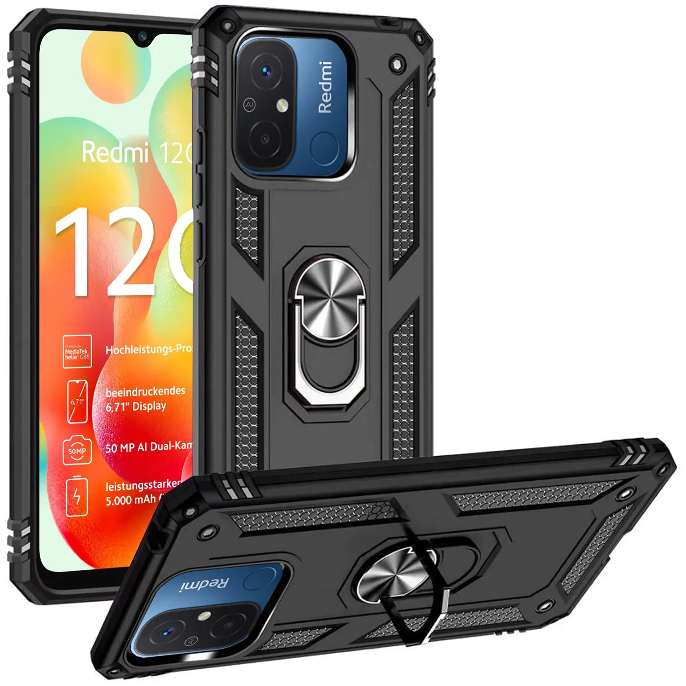 Schwarze Military Hülle aus Kunststoff mit Ringhalter für Xiaomi Redmi 12C, von vorne und unten gezeigt.