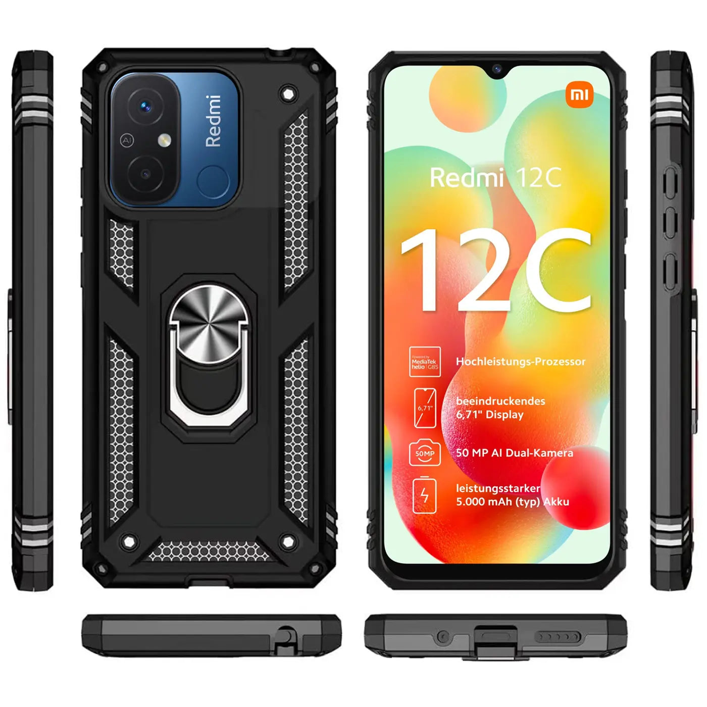 Schwarze Hülle mit Ringhalter für Xiaomi Redmi 12C, Vorder- und Rückansicht