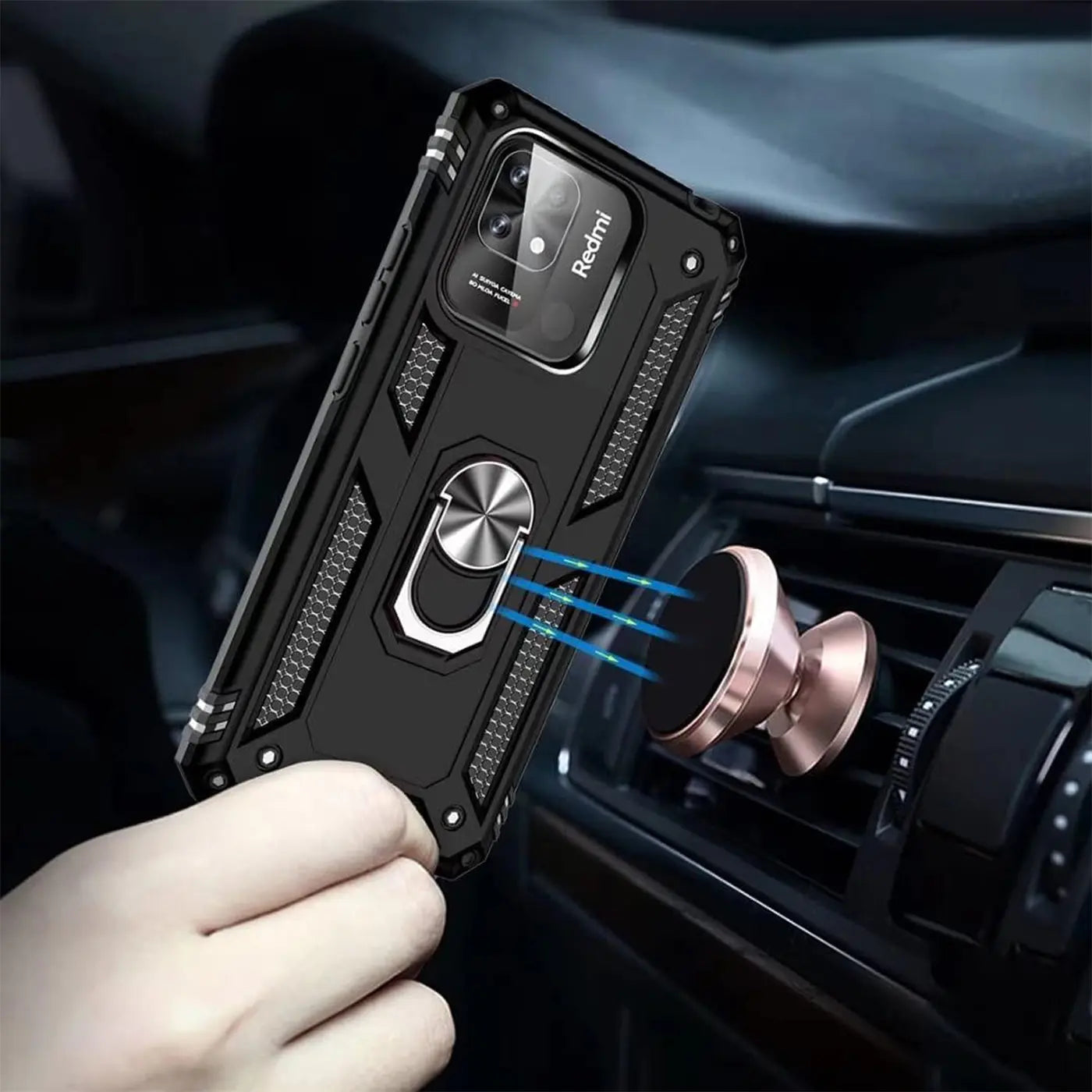 Schwarze Militärhülle mit Ringhalter für Xiaomi Redmi 12C, Nahaufnahme, Auto-Lüftungsgitter.