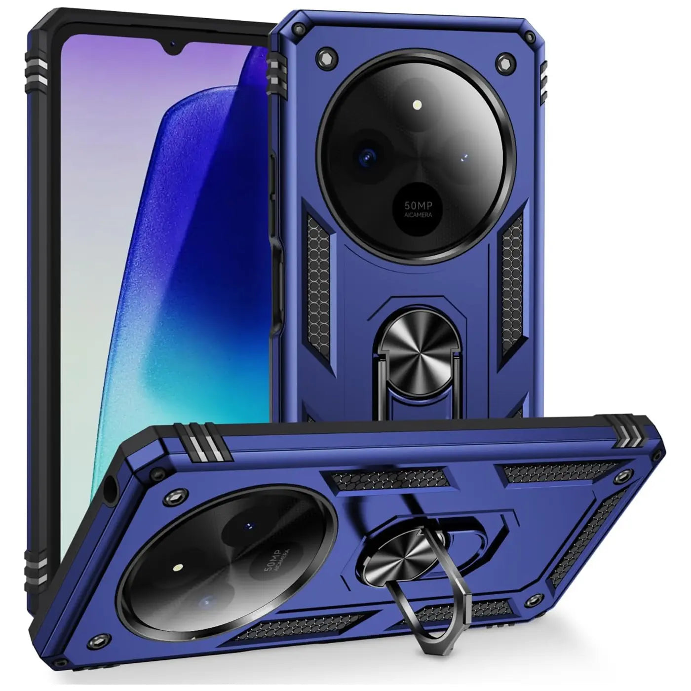 Blaue Hülle aus Kunststoff mit Ringhalter für Xiaomi Redmi 14C, Vorder- und Rückansicht.