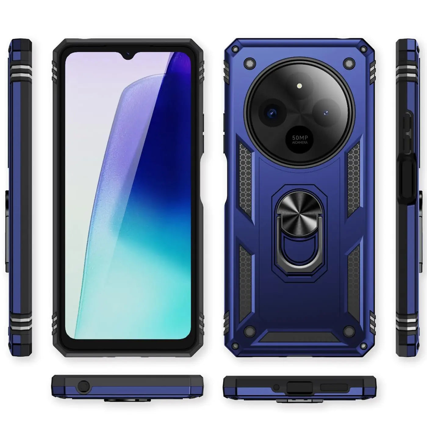 Blaue Military Hülle mit Ringhalter, verschiedene Ansichten, für Xiaomi Redmi 14C