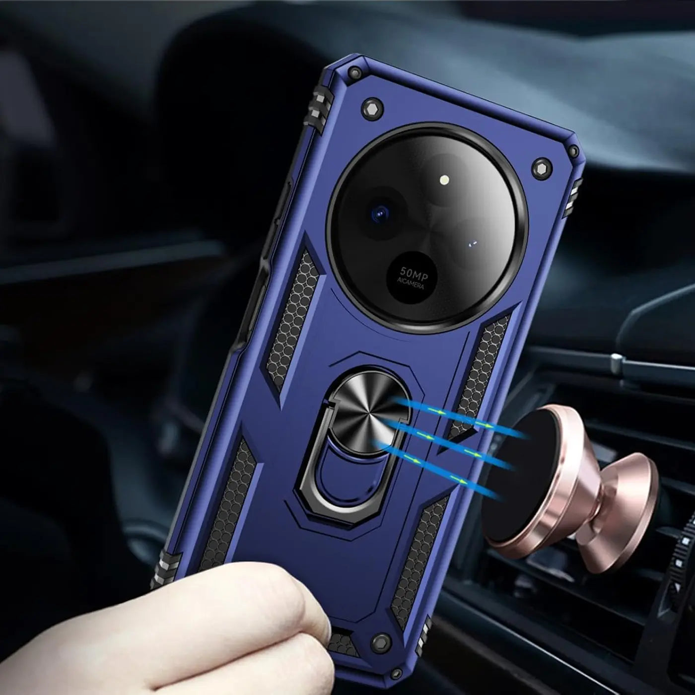 Blaue Hülle mit Ringhalter für Xiaomi Redmi 14C, Nahaufnahme, von vorne schräg