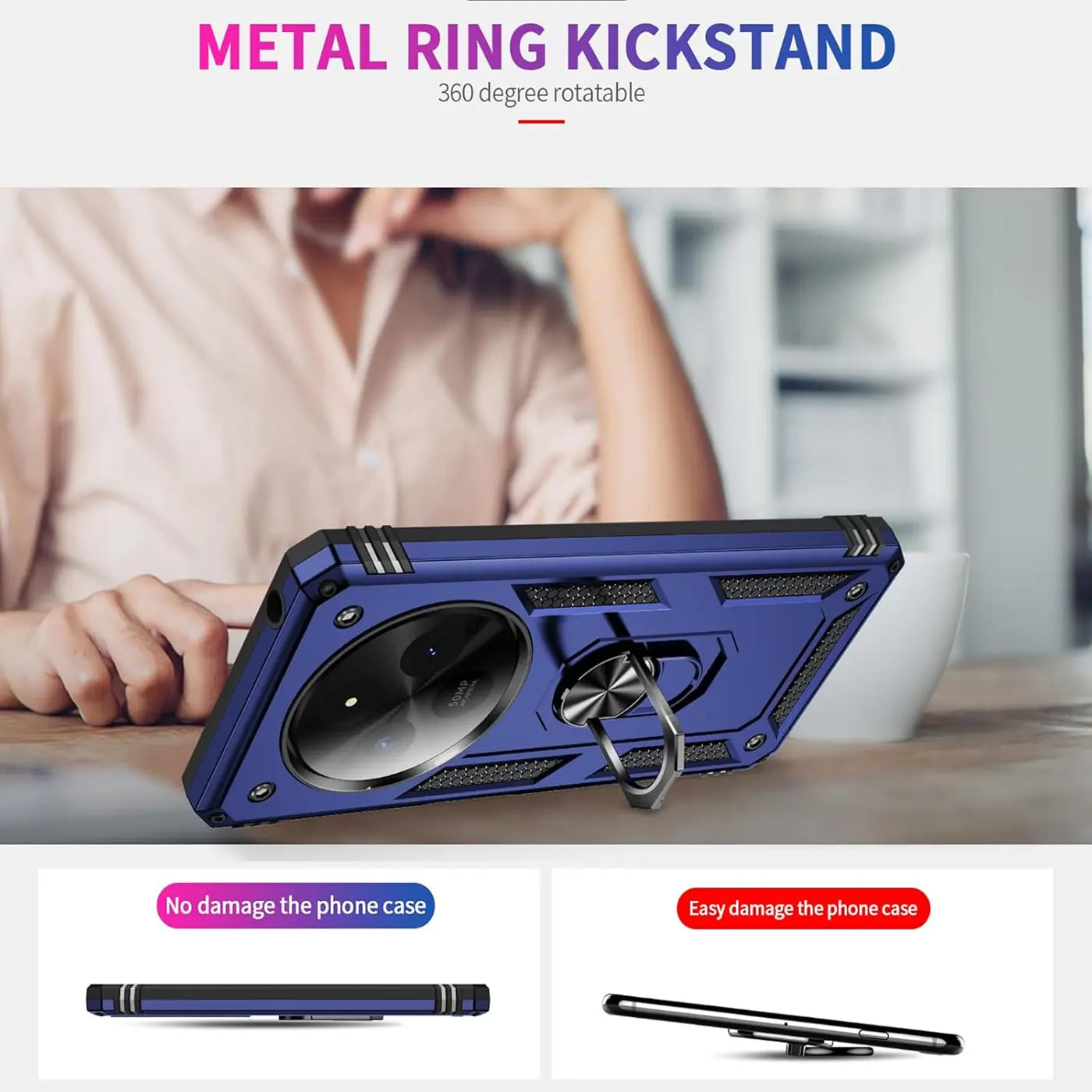 Blaue Hülle mit Ringhalter für Xiaomi Redmi 14C, aus Kunststoff, Nahaufnahme.