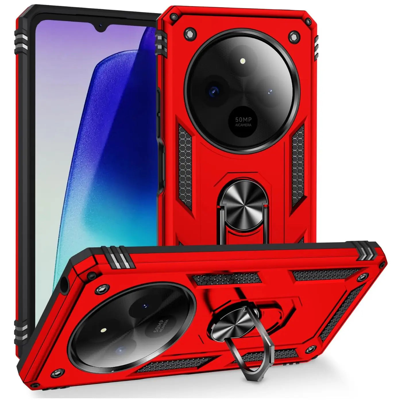 Rote Hülle aus Kunststoff mit Ringhalter für Xiaomi Redmi 14C, Vorder- und Rückansicht.