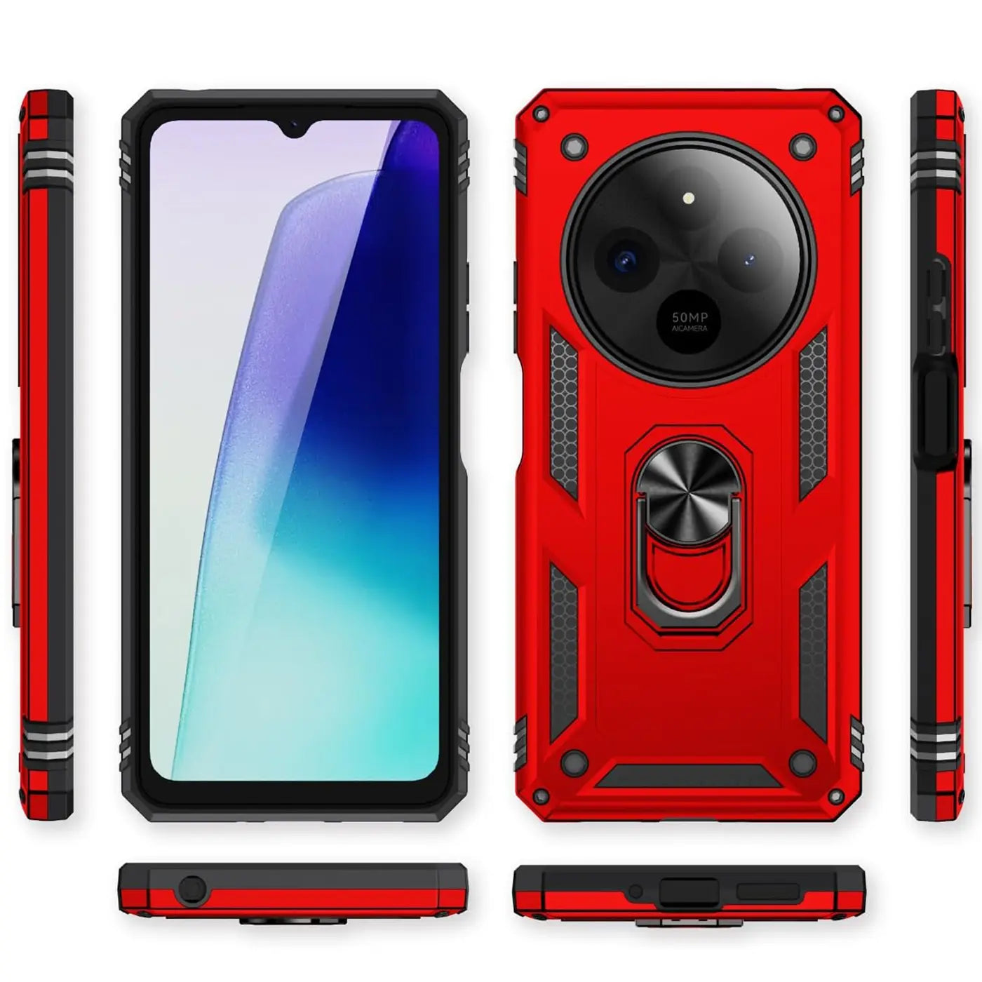 Rote Hülle mit Ringhalter für Xiaomi Redmi 14C, verschiedene Ansichten.