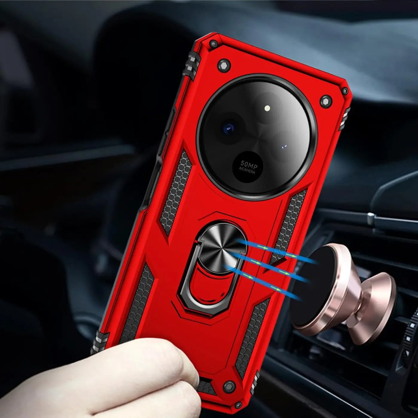 Rote Hülle mit Ringhalter für Xiaomi Redmi 14C, aus Kunststoff, Nahaufnahme.