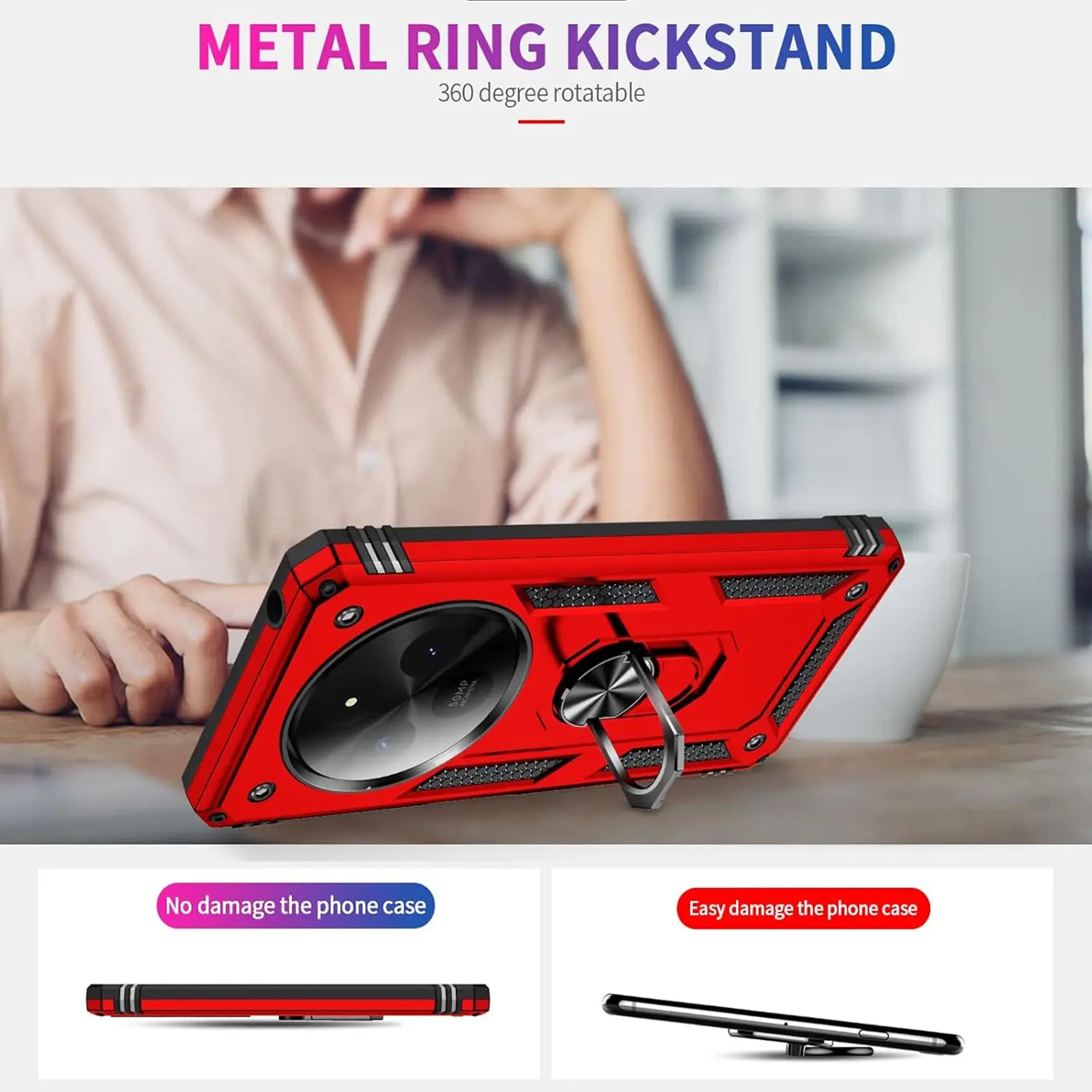 Rote Hülle mit Ringhalter, aus Kunststoff, von vorne schräg, zeigt Handy-Rückseite.