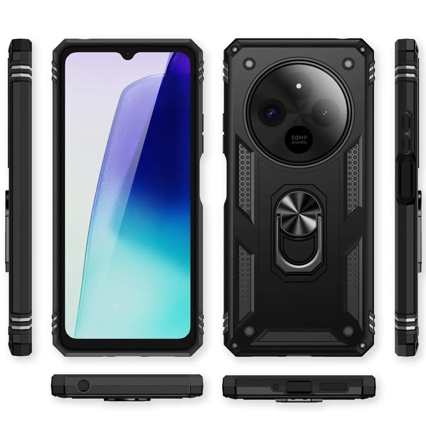 Schwarze Hülle aus Kunststoff mit Ringhalter für ein Xiaomi Redmi 14C, verschiedene Ansichten.