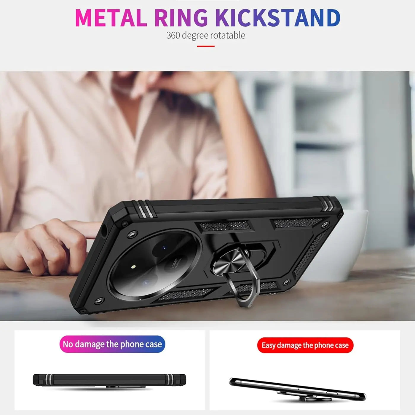 Schwarze Hülle mit Ringhalter, aus Kunststoff, von vorne, für Xiaomi Redmi 14C.