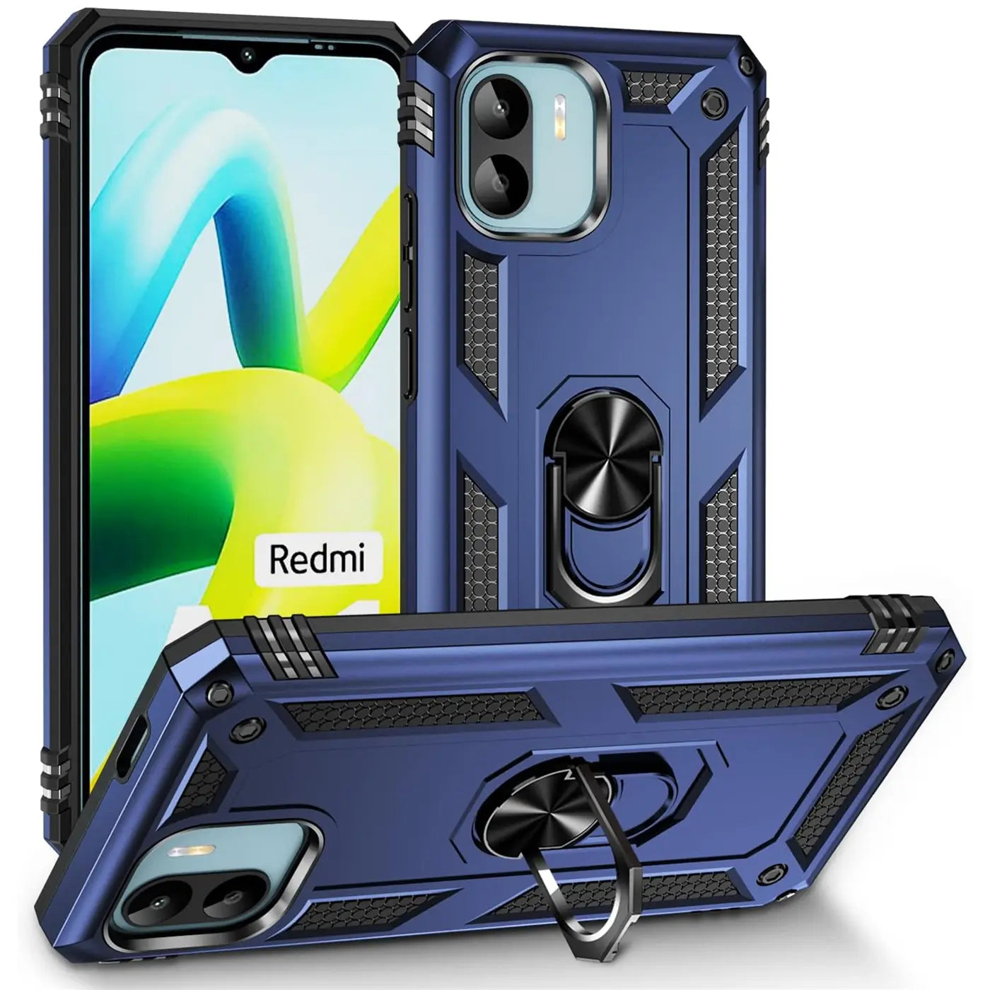 Blaue Hülle mit Ringhalter für Xiaomi Redmi A1, aus Kunststoff, von vorne und schräg