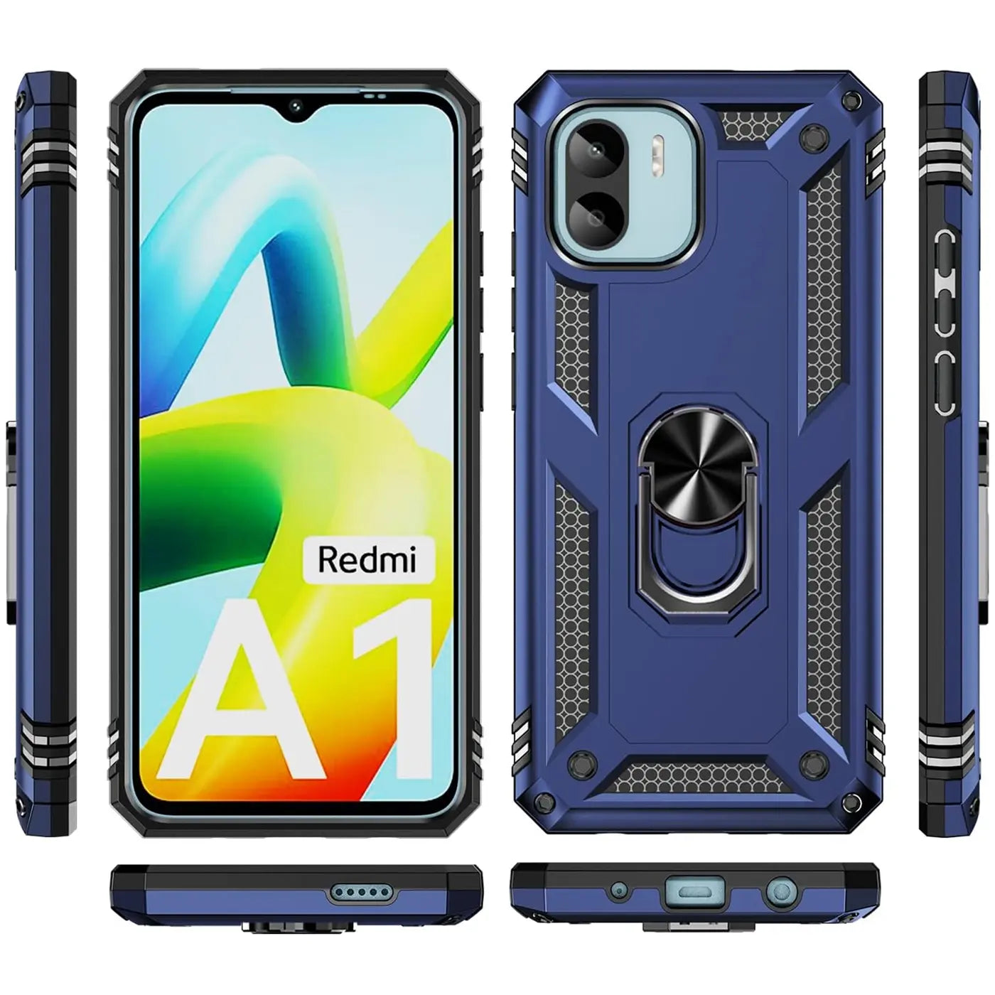 Blaue Hülle mit Ringhalter für Xiaomi Redmi A1, Vorder- und Rückansicht, Seitenansichten.