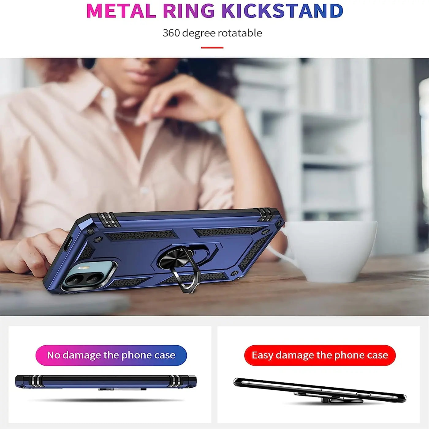 Dunkelblaue Hülle mit Ringhalter, aus Kunststoff, seitliche Ansicht, für Xiaomi Redmi A1.
