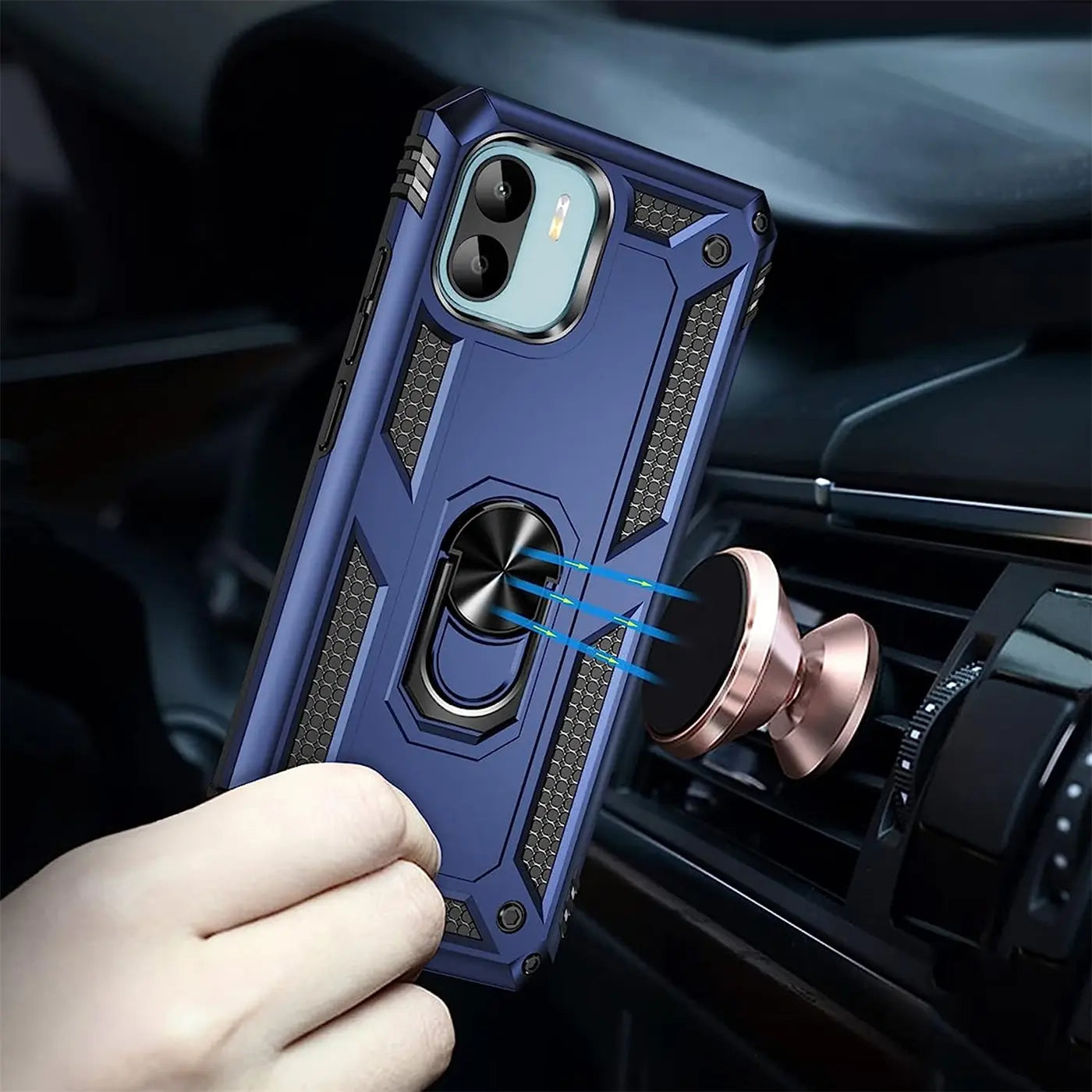 Blaue Hülle mit Ringhalter für Smartphone, aus Kunststoff, Nahaufnahme, von vorne