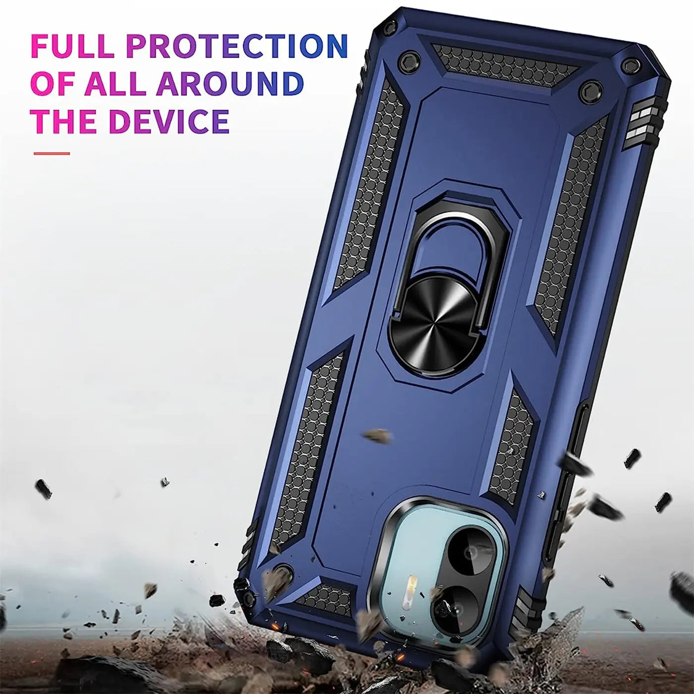 Blaue Hülle aus Kunststoff mit Ringhalter, Rückansicht, Xiaomi Redmi A1 erkennbar.