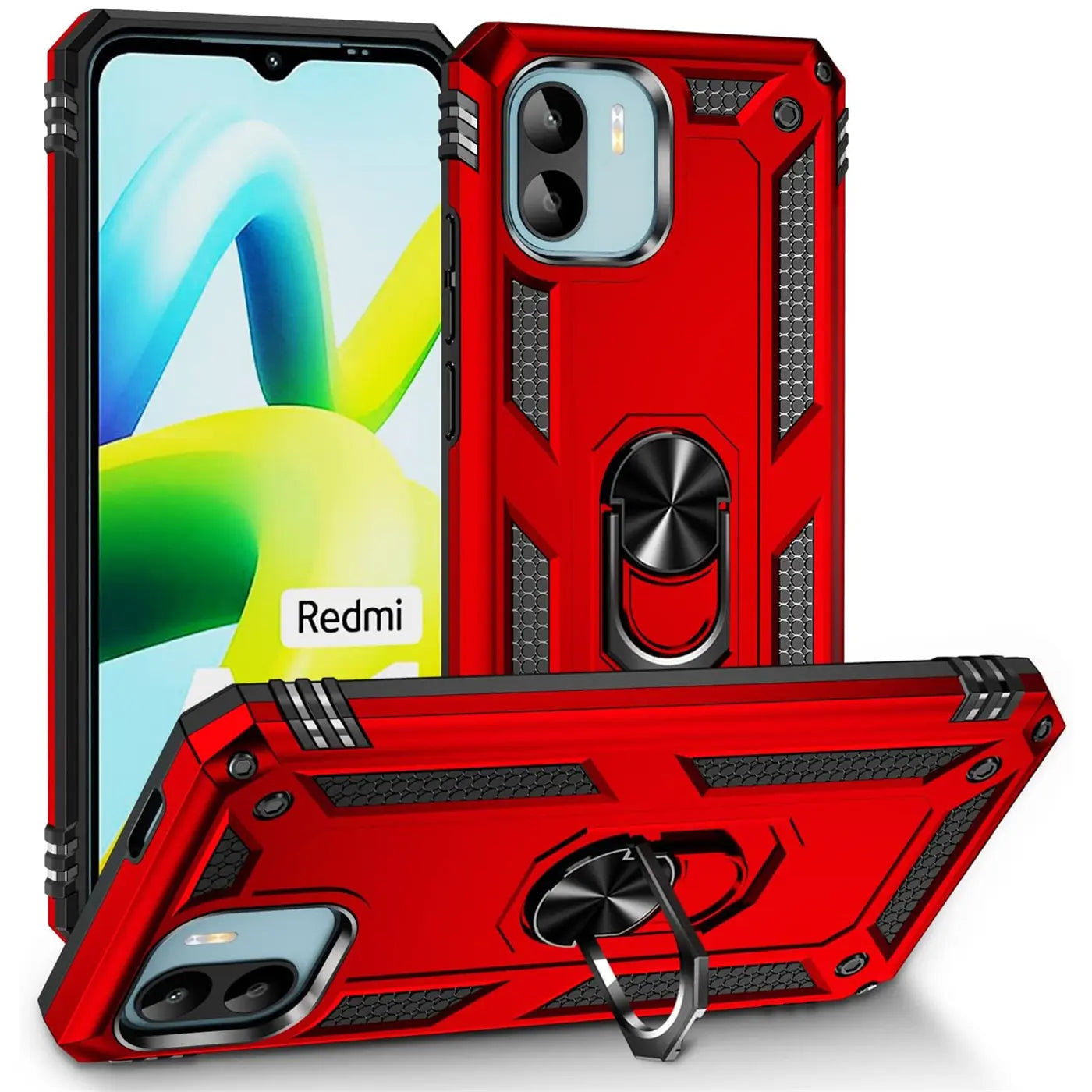 Rote Hülle mit Ringhalter für Xiaomi Redmi A1, aus Kunststoff, aus mehreren Winkeln gezeigt.