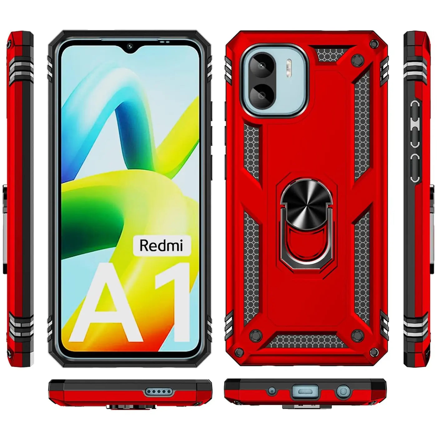 Rote Hülle mit Ringhalter für Xiaomi Redmi A1, aus Kunststoff, von vorne und hinten gezeigt.