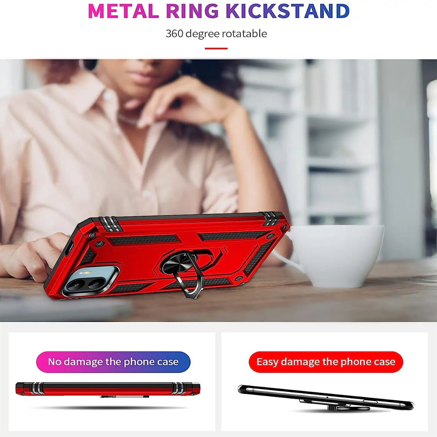 Rote Hülle mit Ringhalter, Metall, von vorne, Xiaomi Redmi A1.
