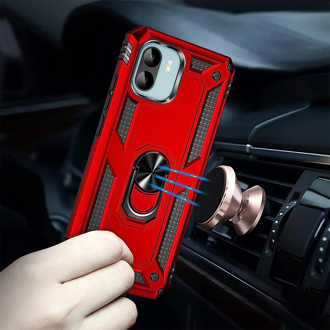 Rote Hülle mit Ringhalter für Xiaomi Redmi A1, Nahaufnahme, von vorne.
