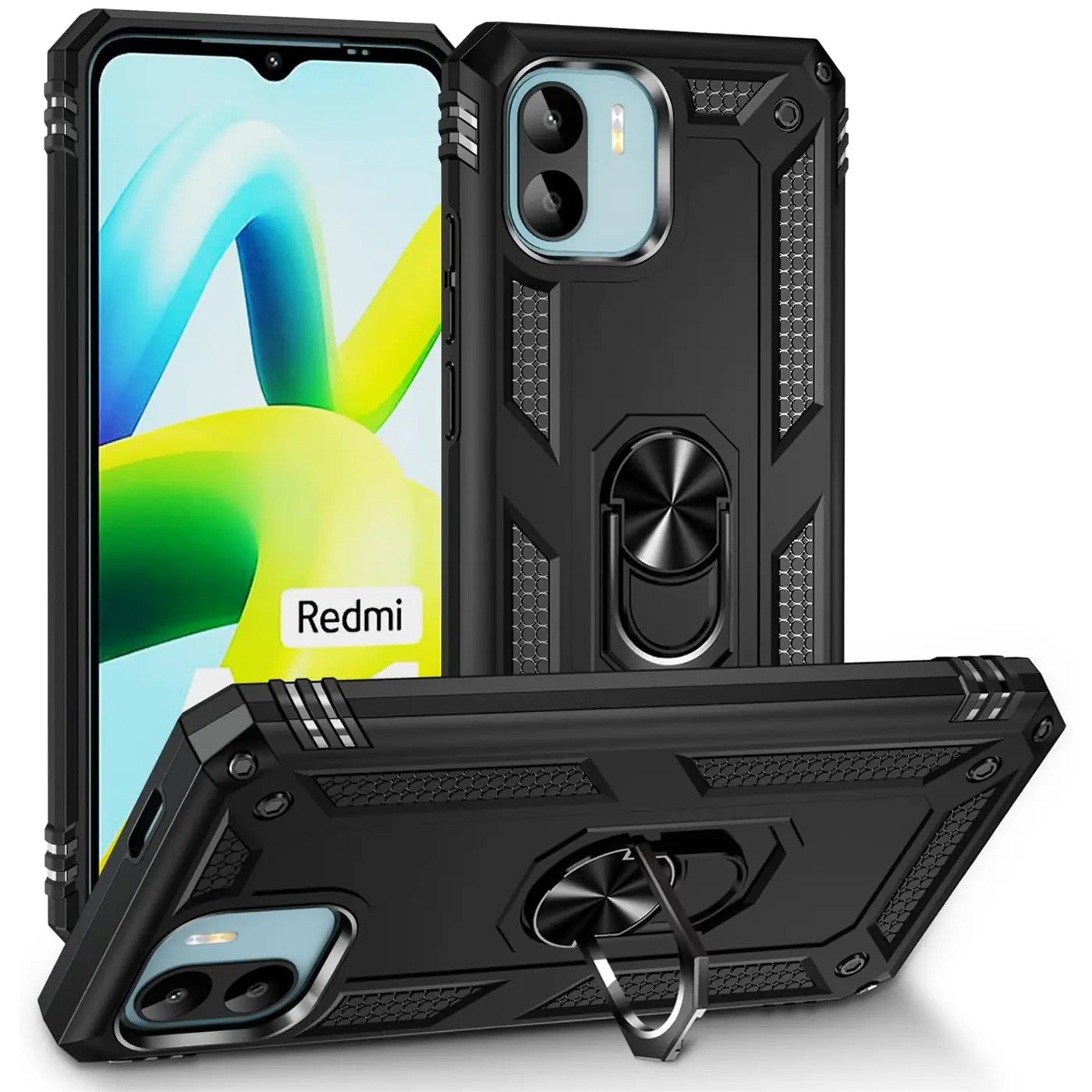 Schwarze Hülle mit Ringhalter für Xiaomi Redmi A1, aus Kunststoff, aus verschiedenen Winkeln