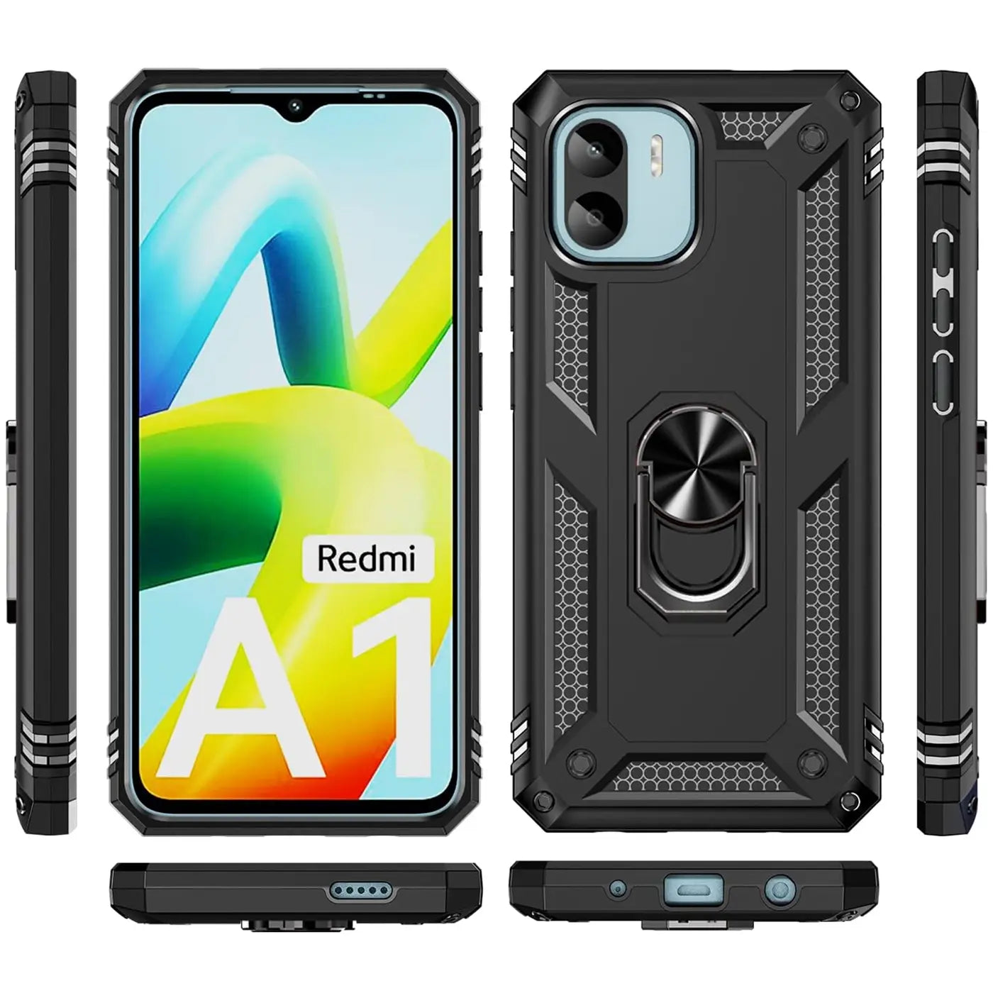 Schwarze Hülle mit Ringhalter für Xiaomi Redmi A1, Vorder- und Rückansicht, Seiten- und Unteransicht.
