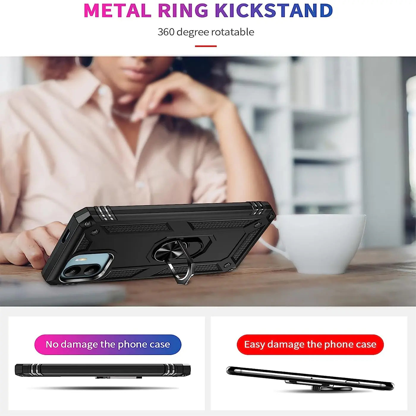 Schwarze Handyhülle aus Kunststoff mit Ringhalter, von vorne/seitlich, erkennbares Xiaomi Redmi A1.
