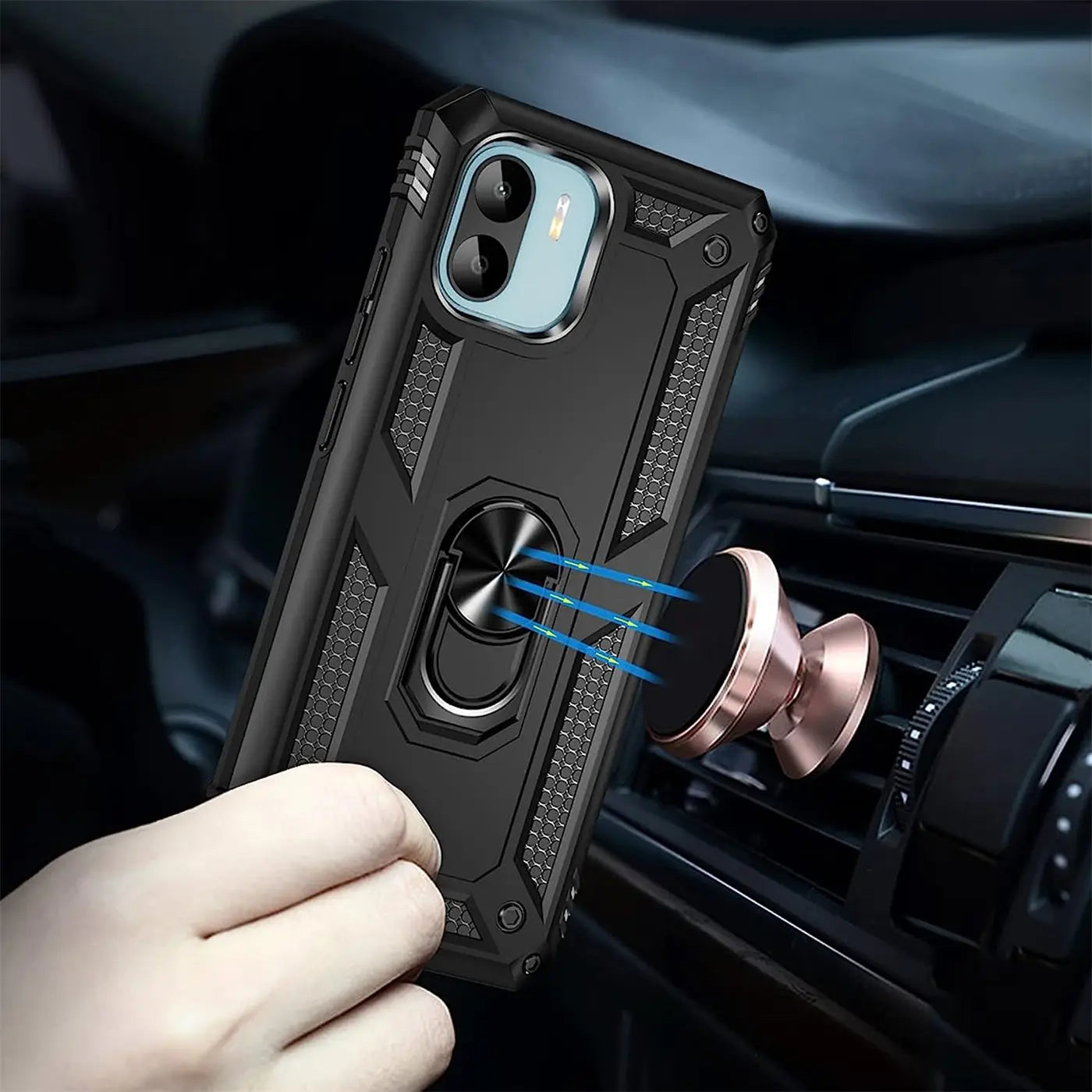 Schwarze Hülle mit Ringhalter für Xiaomi Redmi A1, Nahaufnahme, auf Armaturenbrett befestigt