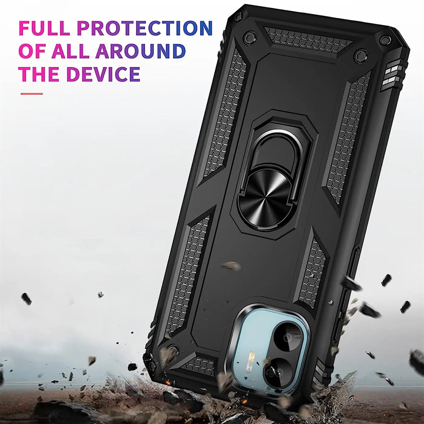 Schwarze Militär-Hülle mit Ringhalter für Xiaomi Redmi A1, von vorne schräg