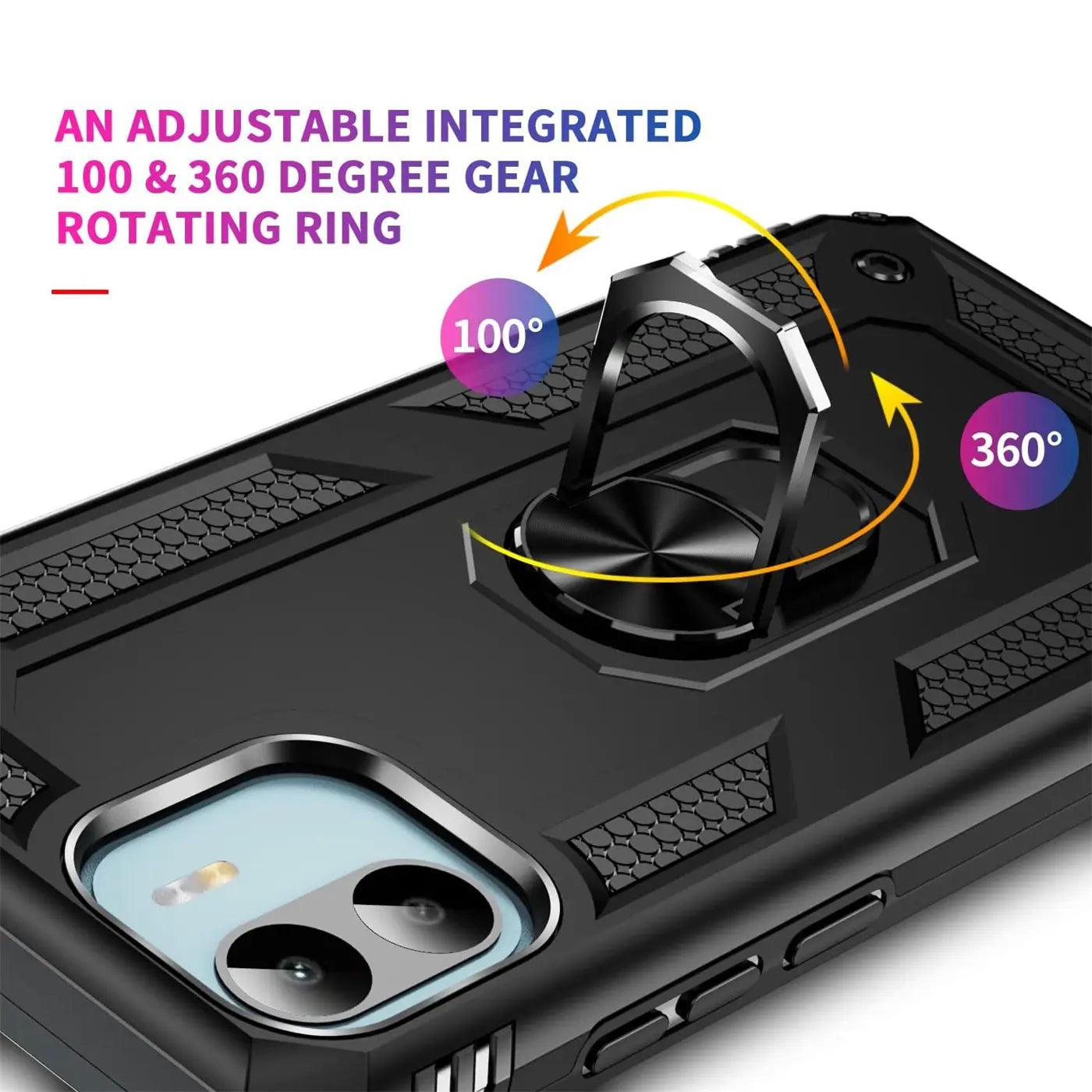 Schwarze Handyhülle aus Kunststoff mit integriertem Metallringhalter, Nahaufnahme, Xiaomi Redmi A1.