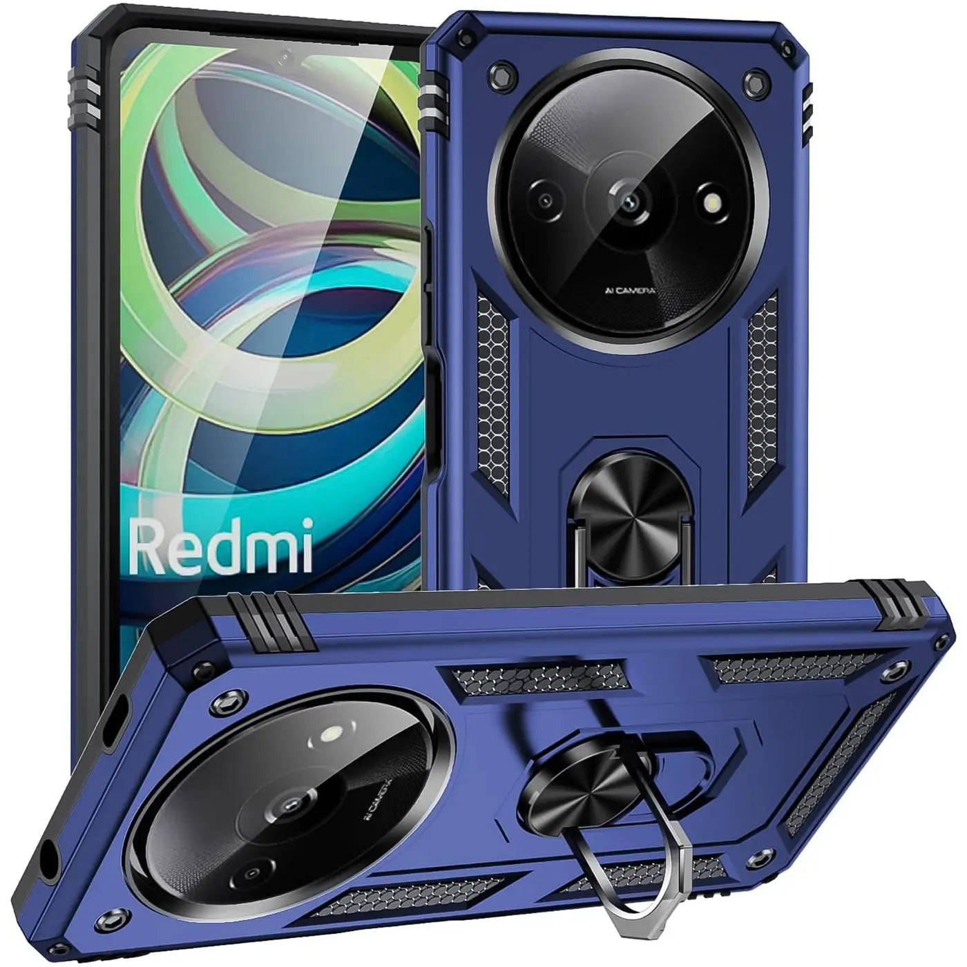 Blaue Hülle aus Kunststoff/Metall mit Ringhalter für Xiaomi Redmi A3, von vorne und unten gezeigt.