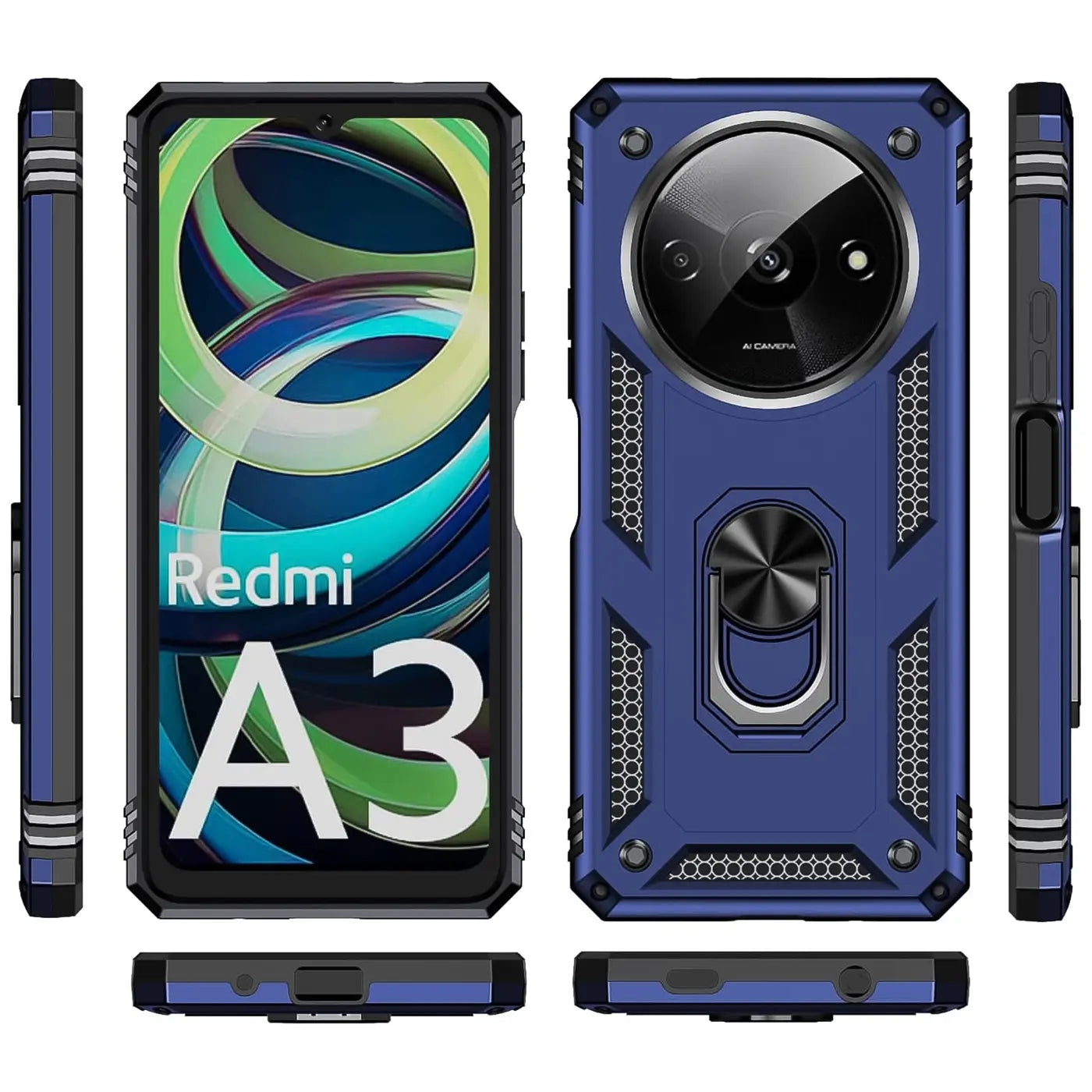 Blaue Hülle mit Ringhalter für Xiaomi Redmi A3, verschiedene Ansichten.