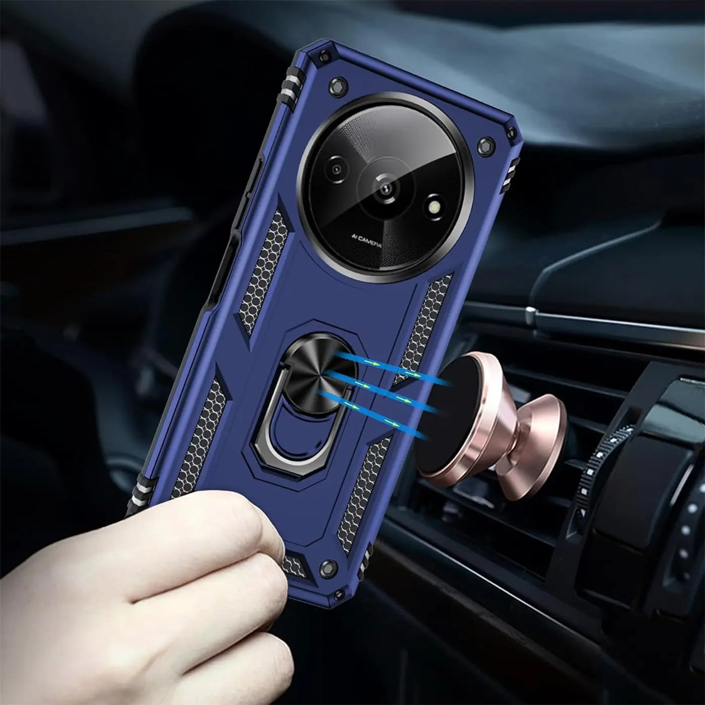 Blaue Hülle mit Ringhalter für Xiaomi Redmi A3, aus Kunststoff, von vorne gesehen, magnetische Halterung im Auto.