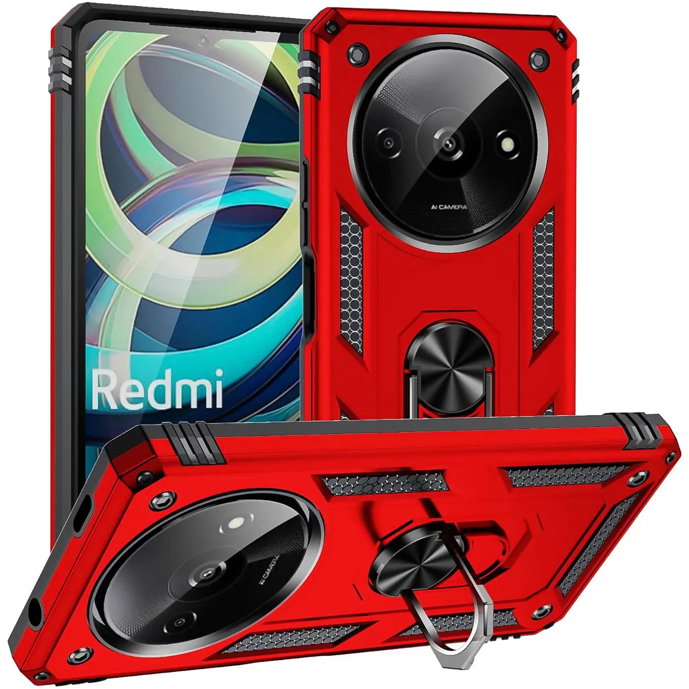 Rote Hülle mit Ringhalter für Xiaomi Redmi A3, aus Kunststoff, von vorne/oben.