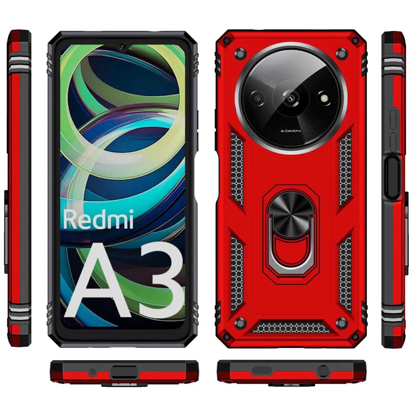 Rote Hülle aus Kunststoff mit Ringhalter für Xiaomi Redmi A3, Vorder- und Rückansicht