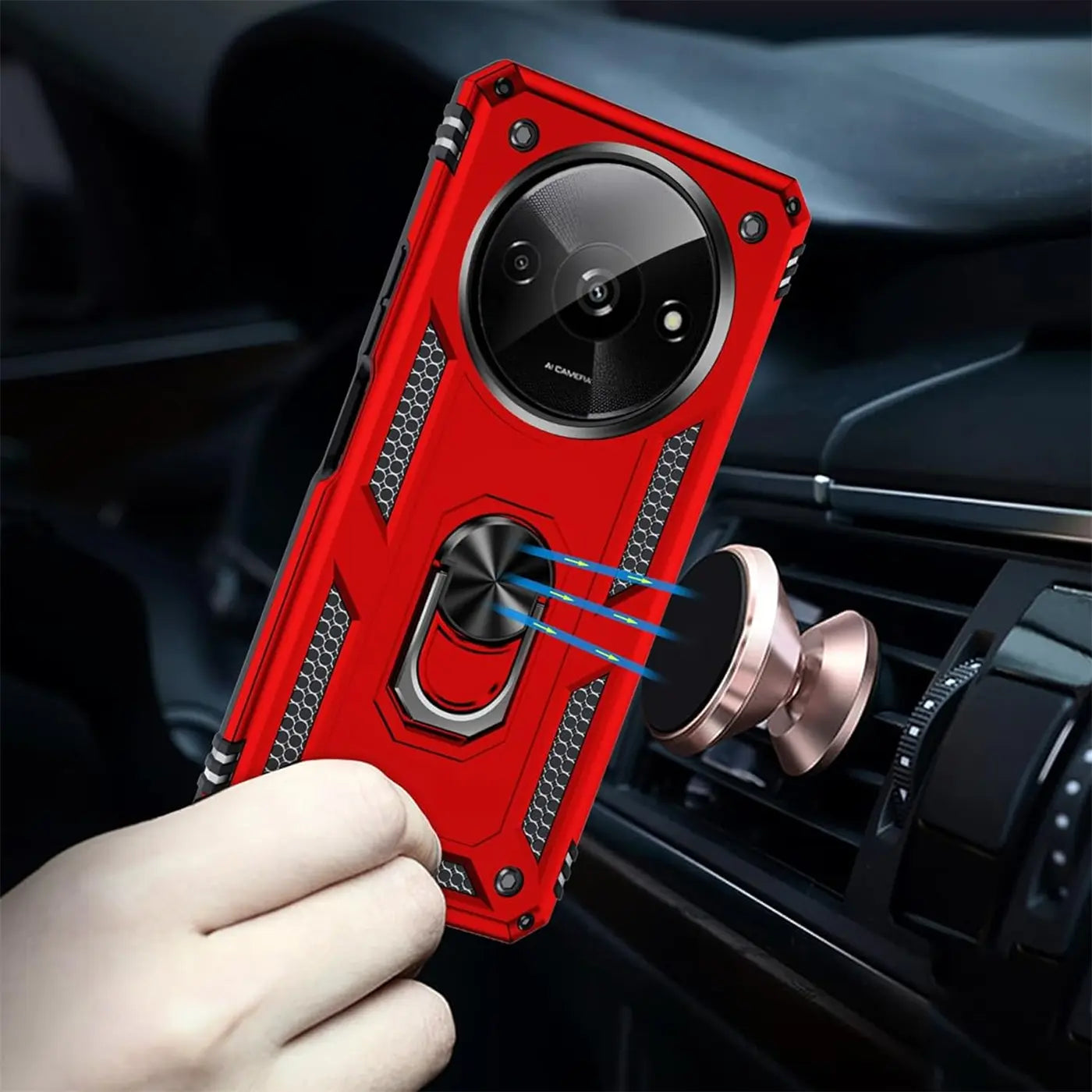 Rote Military Hülle mit Ringhalter für Xiaomi Redmi A3, aus Kunststoff, von vorne gesehen.