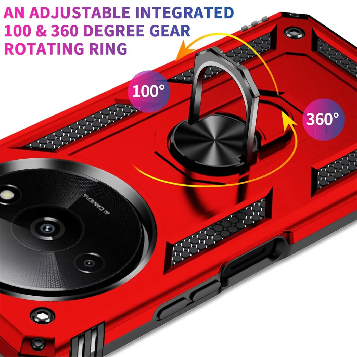 Rote Hülle aus Metall/Kunststoff mit Ringhalter für Xiaomi Redmi A3, Nahaufnahme von hinten.