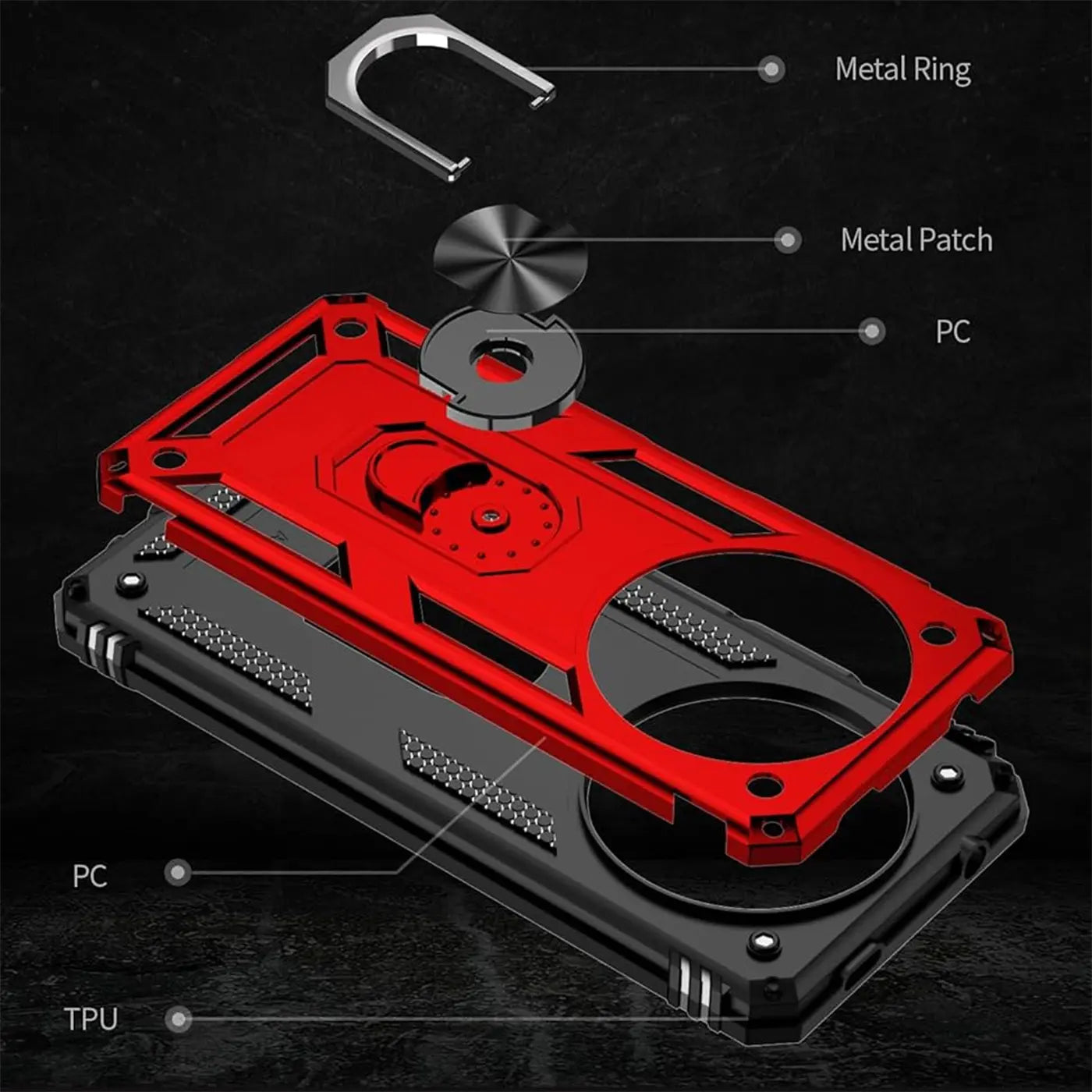 Explodierte Ansicht einer roten und schwarzen Hülle mit Ringhalter für Xiaomi Redmi A3. PC, TPU.