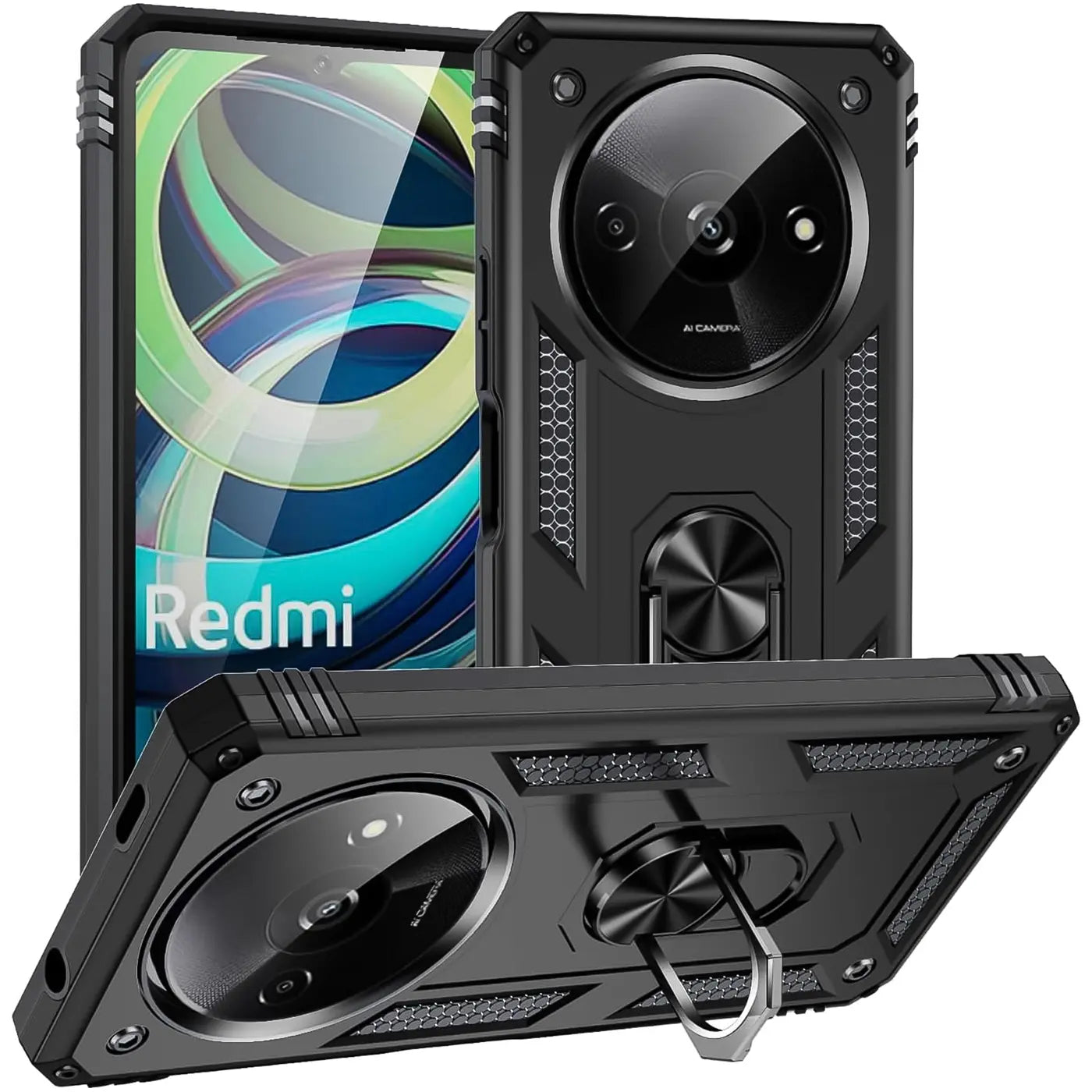 Schwarze Militärhülle aus Kunststoff mit Ringhalter für Xiaomi Redmi A3, Vorder- und Rückansicht.