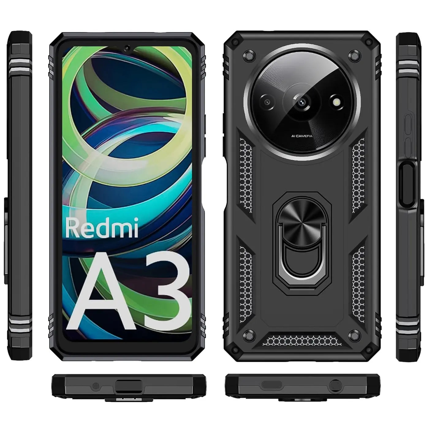Schwarze Hülle aus Kunststoff/Metall mit Ringhalter für Xiaomi Redmi A3, verschiedene Ansichten.