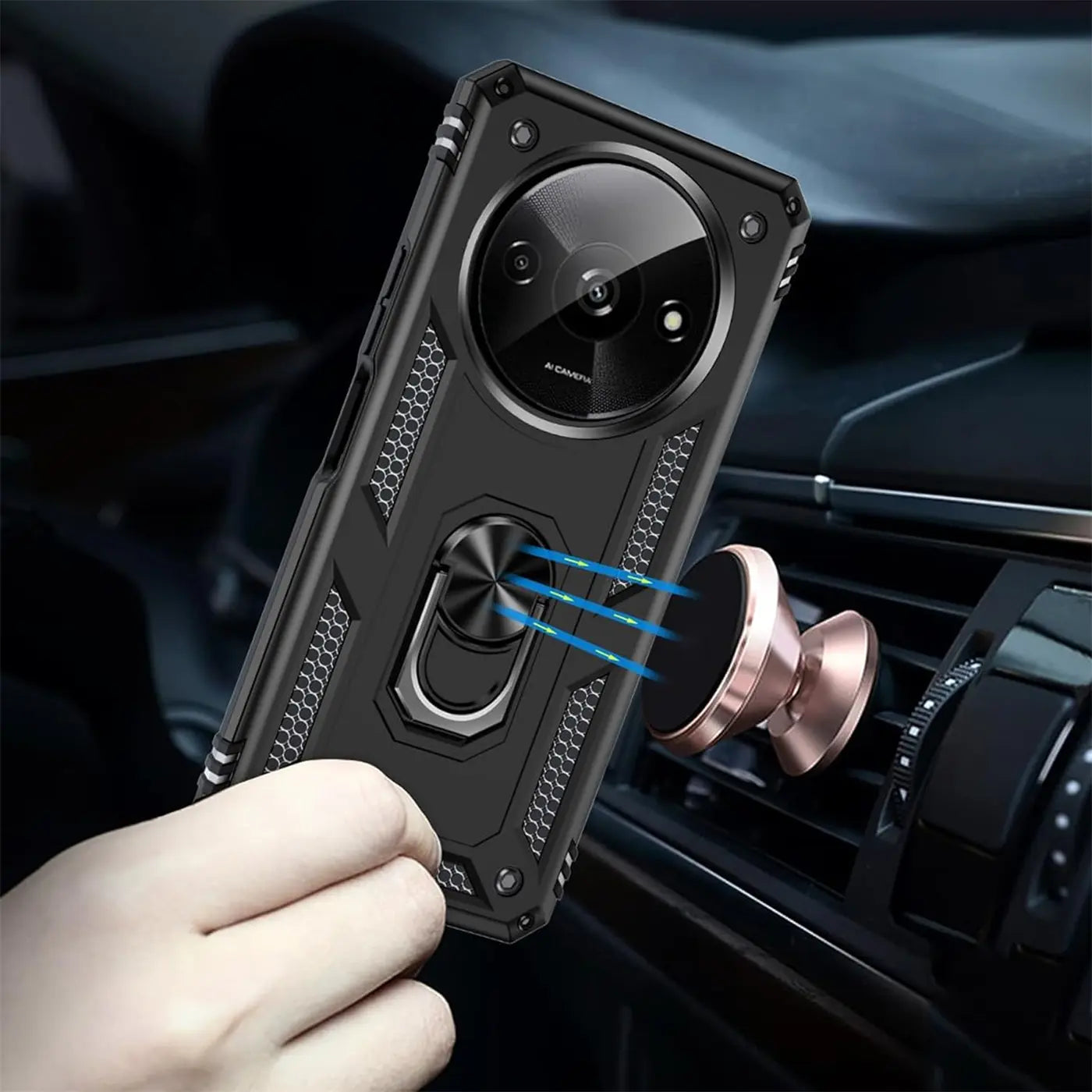 Schwarze Hülle mit Ringhalter für Xiaomi Redmi A3, aus Kunststoff, von vorne links, in Auto-Lüftungsschlitz montiert.