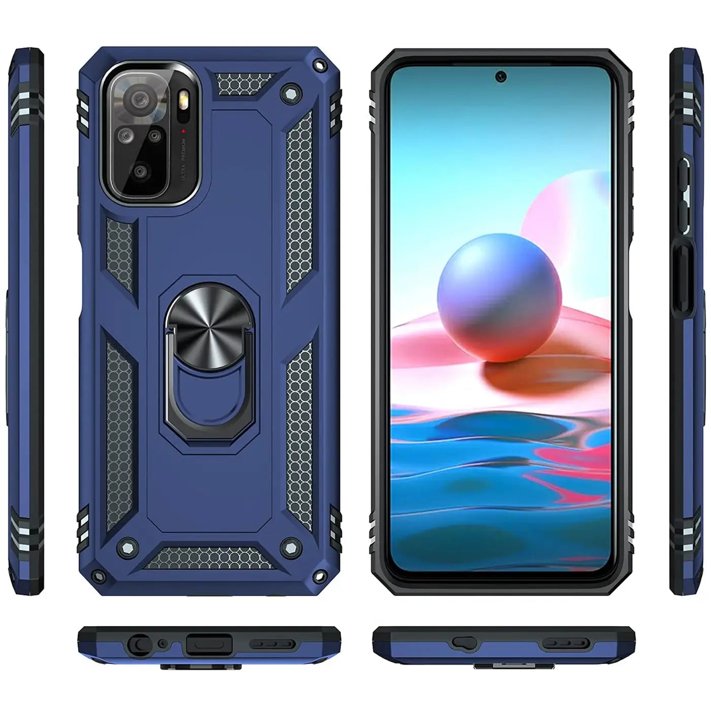 Blaue Hülle mit Ringhalter für Xiaomi Redmi Note 10/10S, verschiedene Ansichten.