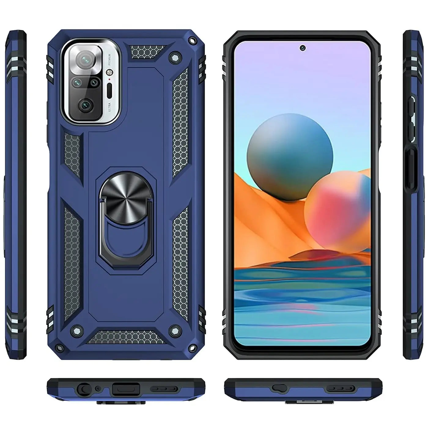 Blaue Hülle mit Ringhalter für Xiaomi Redmi Note 10 Pro, verschiedene Ansichten.