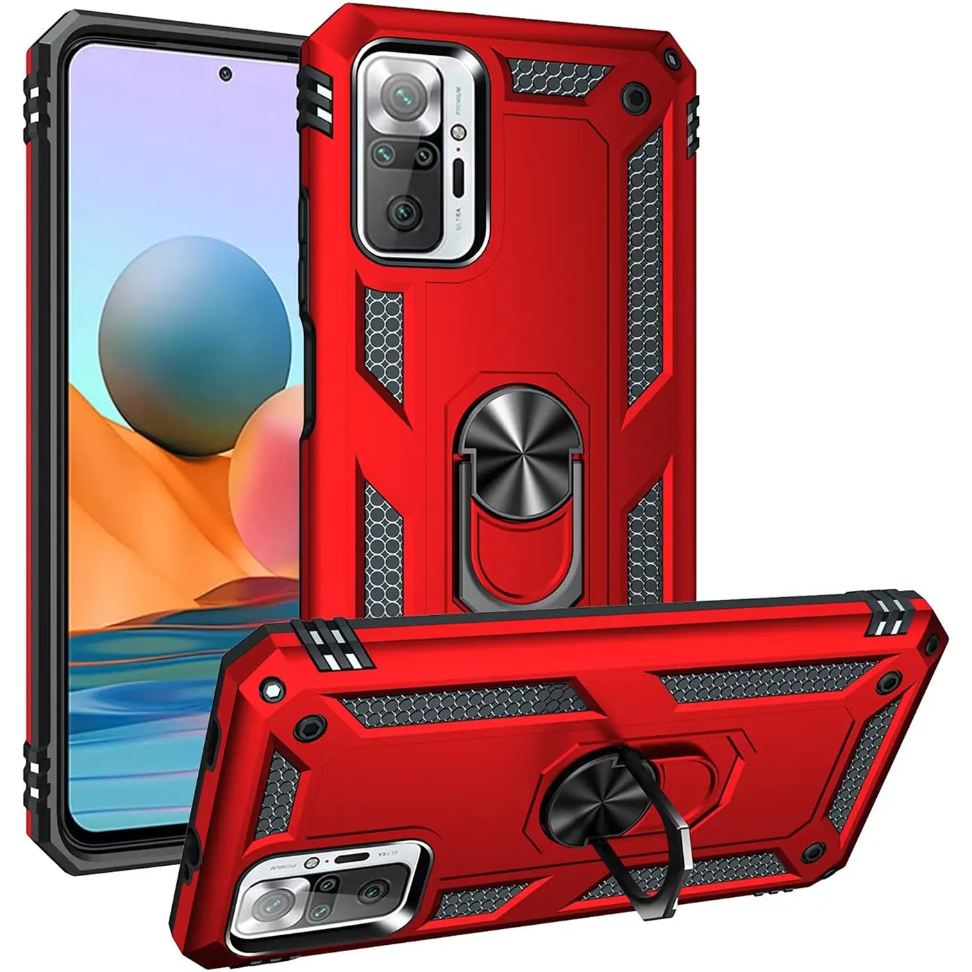 Rote Hülle mit Ringhalter für Xiaomi Redmi Note 10 Pro, von vorne und von hinten gezeigt.