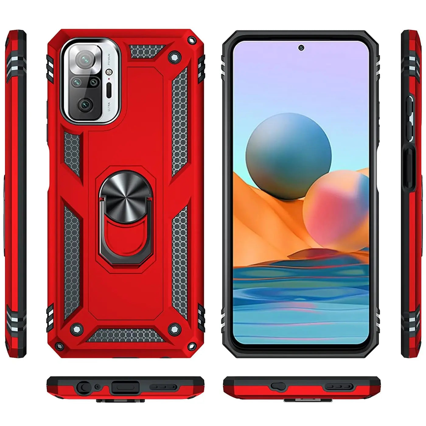 Rote Hülle mit Ringhalter für Xiaomi Redmi Note 10 Pro, von vorne, Seite, Rückseite, oben und unten gezeigt.