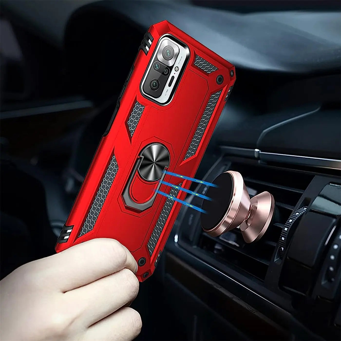 Rote Hülle mit Ringhalter für Xiaomi Redmi Note 10 Pro, aus Kunststoff, von vorne links gezeigt.