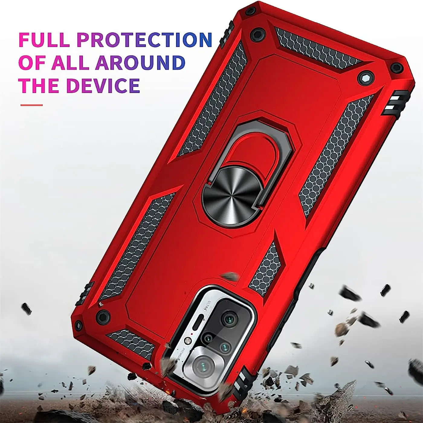 Rote Military Hülle mit Ringhalter für Xiaomi Redmi Note 10 Pro, von schräg oben.
