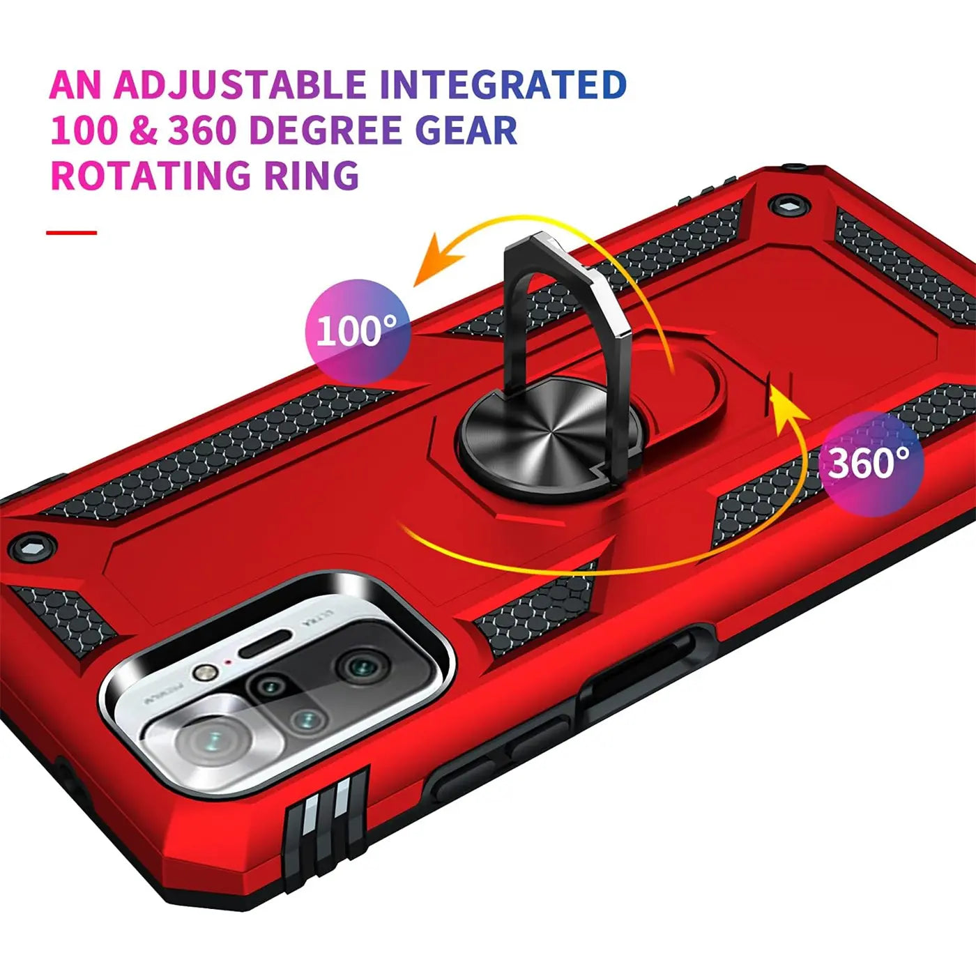Rote Hülle mit Ringhalter für Xiaomi Redmi Note 10 Pro, von schräg oben.