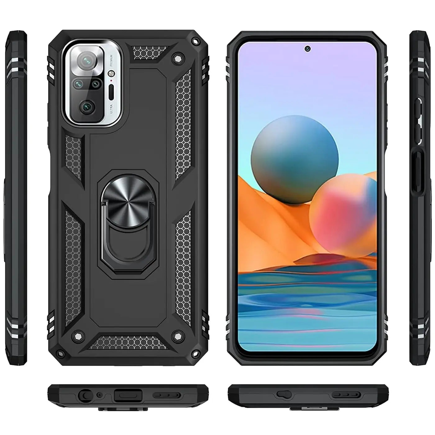 Schwarze Hülle aus Kunststoff mit Ringhalter für Xiaomi Redmi Note 10 Pro, verschiedene Ansichten.
